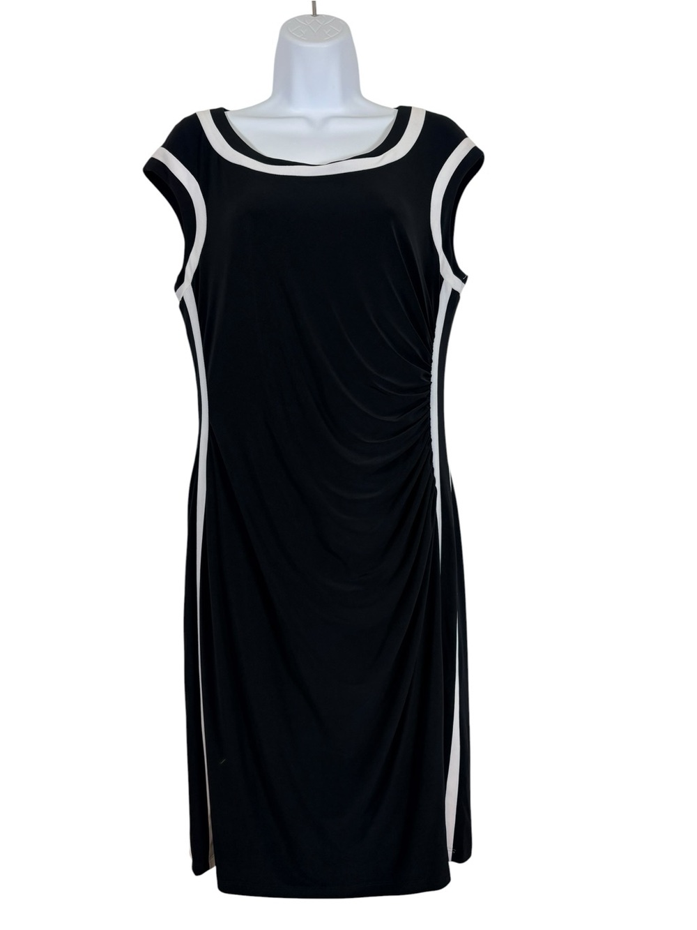 Chaps Black & White Ruched Mini Sleeveless Dress NWT SzL Ruched Preppy Timeless
